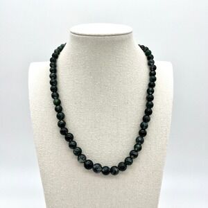Moss Agate Beaded Necklace Round Gemstone Beads Silver Tone‎ Accents